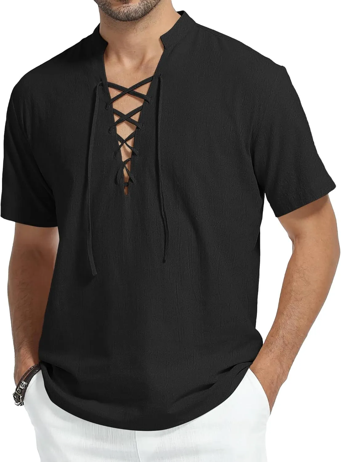 KUYIGO Men's Cotton Linen Shirt Pirate Vintage Short Sleeve Lace Up Renaissance Costume Beach Top