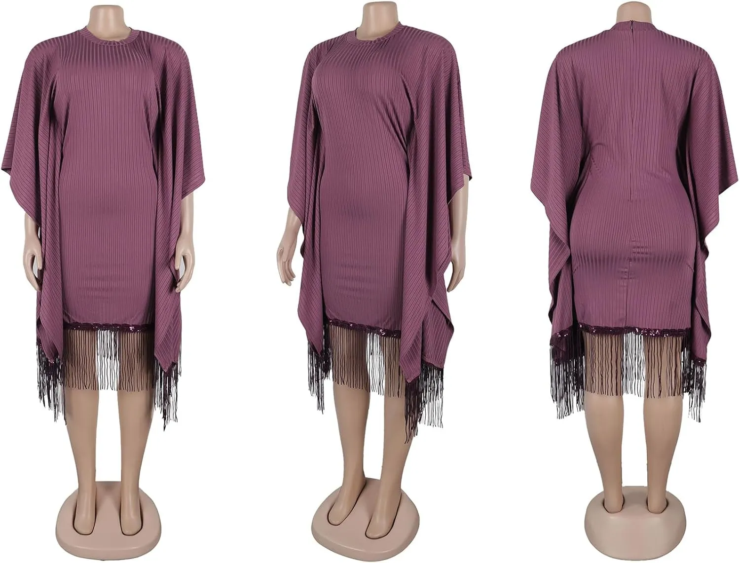LAJIOJIO Women Elegant Sequin Fringe Ribbed Midi Dresses Formal Batwing Tassel Hem Bodycon Dresses Plus Size
