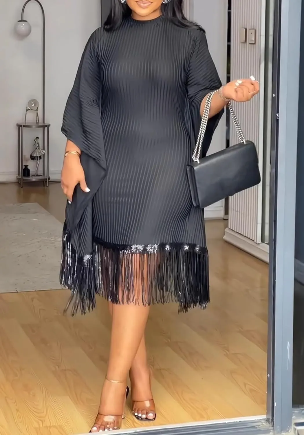 LAJIOJIO Women Elegant Sequin Fringe Ribbed Midi Dresses Formal Batwing Tassel Hem Bodycon Dresses Plus Size