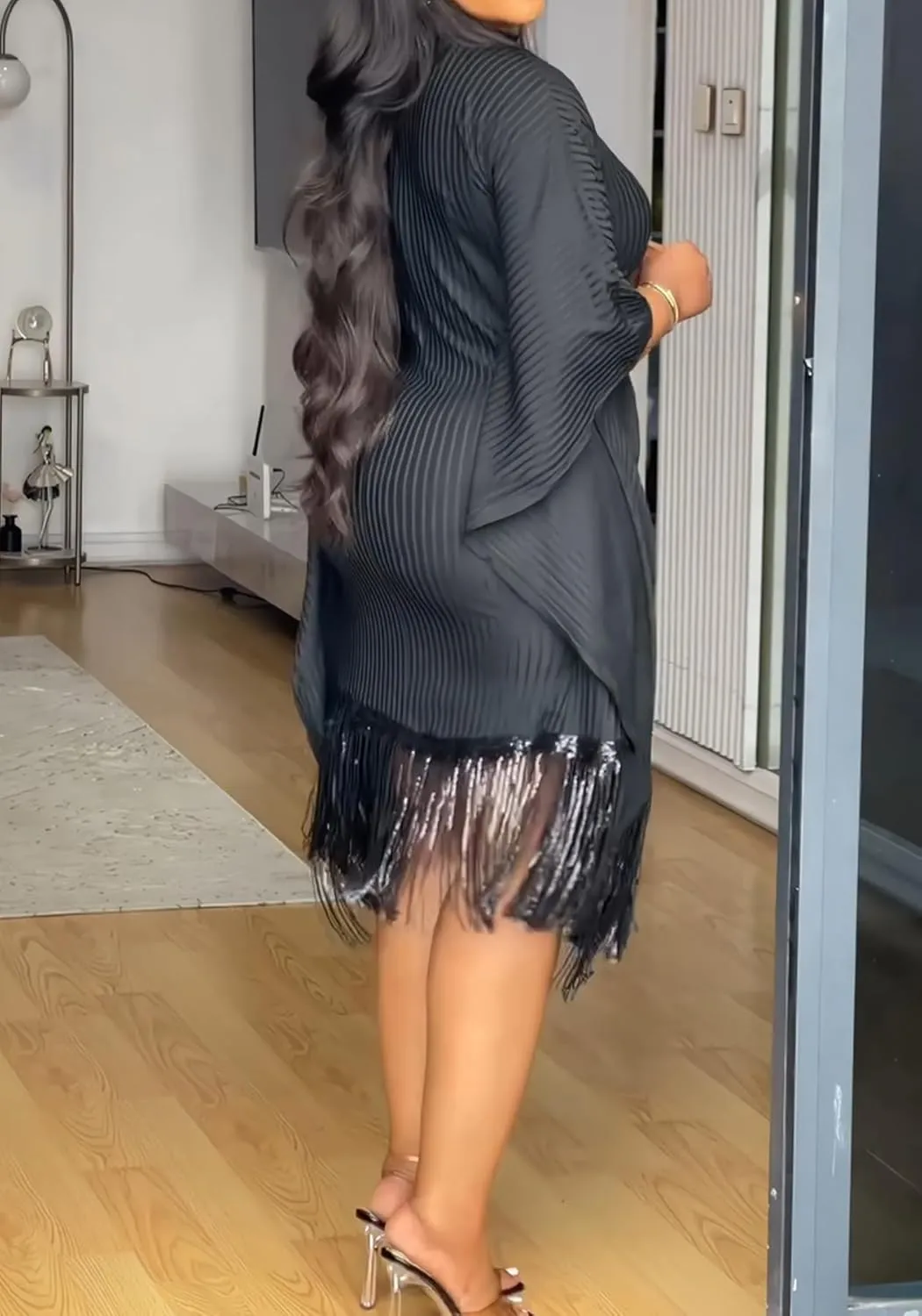 LAJIOJIO Women Elegant Sequin Fringe Ribbed Midi Dresses Formal Batwing Tassel Hem Bodycon Dresses Plus Size