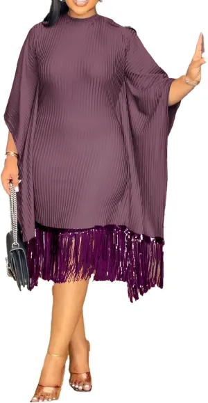 LAJIOJIO Women Elegant Sequin Fringe Ribbed Midi Dresses Formal Batwing Tassel Hem Bodycon Dresses Plus Size
