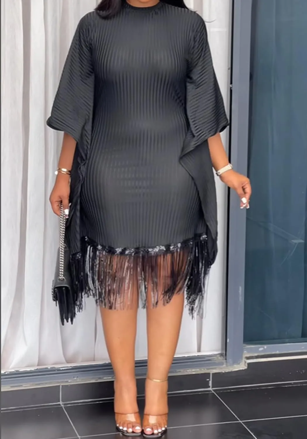 LAJIOJIO Women Elegant Sequin Fringe Ribbed Midi Dresses Formal Batwing Tassel Hem Bodycon Dresses Plus Size