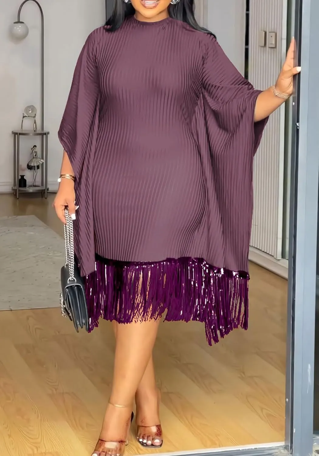 LAJIOJIO Women Elegant Sequin Fringe Ribbed Midi Dresses Formal Batwing Tassel Hem Bodycon Dresses Plus Size