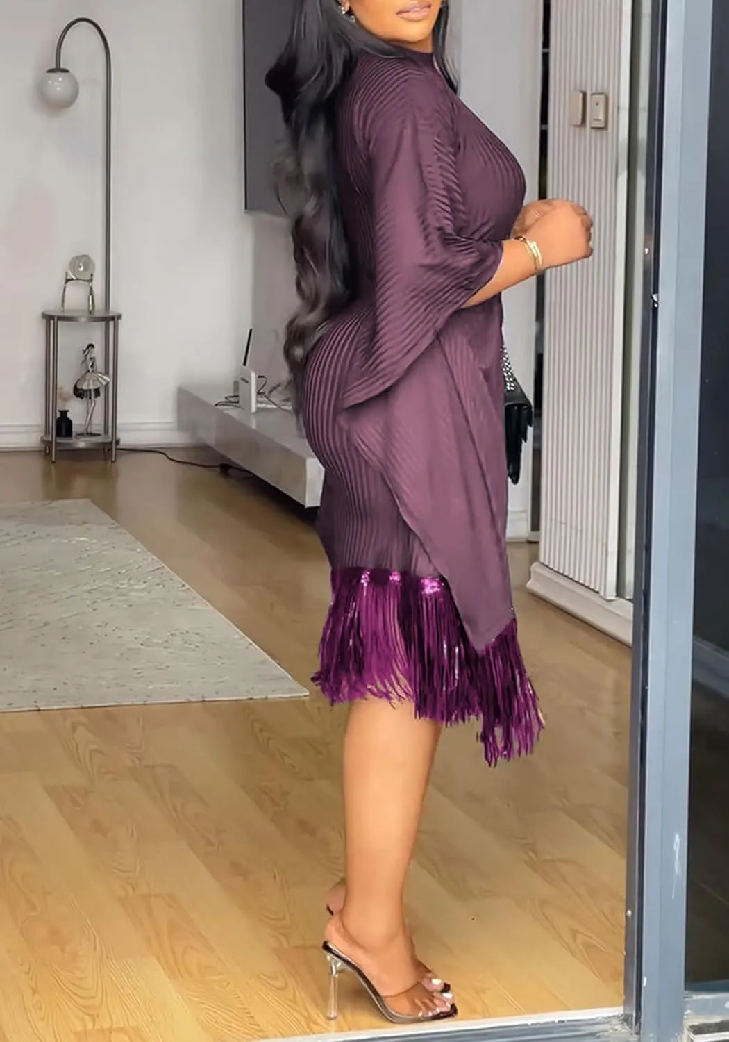 LAJIOJIO Women Elegant Sequin Fringe Ribbed Midi Dresses Formal Batwing Tassel Hem Bodycon Dresses Plus Size