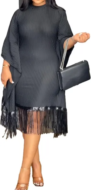 LAJIOJIO Women Elegant Sequin Fringe Ribbed Midi Dresses Formal Batwing Tassel Hem Bodycon Dresses Plus Size