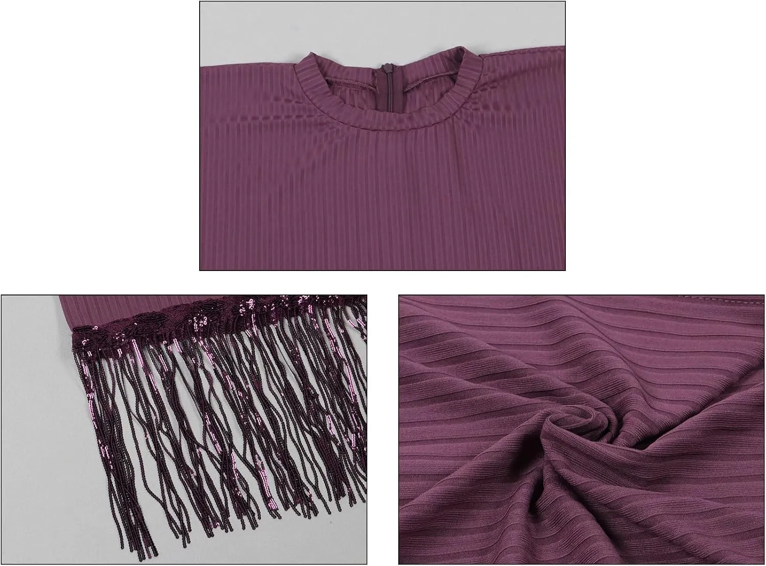 LAJIOJIO Women Elegant Sequin Fringe Ribbed Midi Dresses Formal Batwing Tassel Hem Bodycon Dresses Plus Size