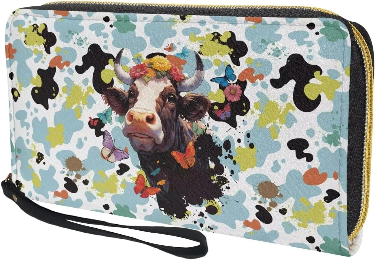 Large Capacity Wristlet Wallet PU Leather Zip Around Clutch Purse with Abstract Splatter Milk Cow Pattern Ladies Travel Convenient Long Purse Durable Stylish Credit Card Holder