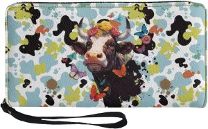 Large Capacity Wristlet Wallet PU Leather Zip Around Clutch Purse with Abstract Splatter Milk Cow Pattern Ladies Travel Convenient Long Purse Durable Stylish Credit Card Holder