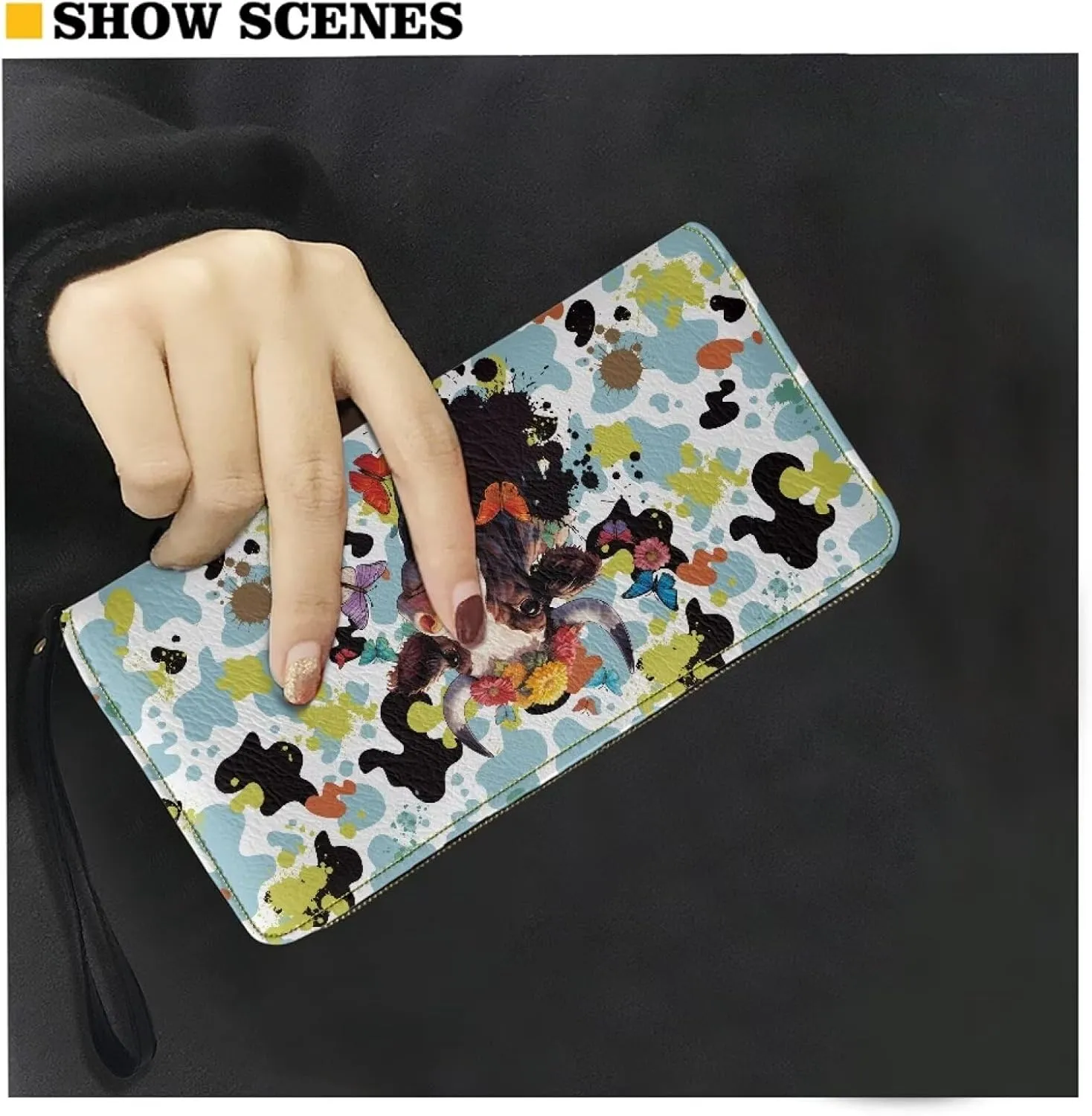 Large Capacity Wristlet Wallet PU Leather Zip Around Clutch Purse with Abstract Splatter Milk Cow Pattern Ladies Travel Convenient Long Purse Durable Stylish Credit Card Holder