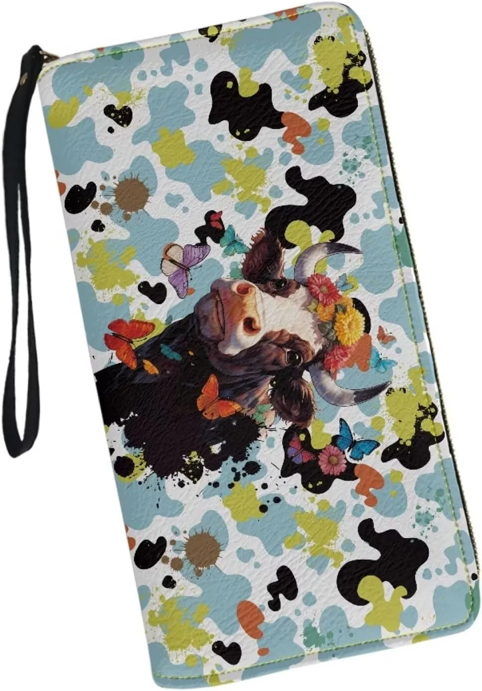 Large Capacity Wristlet Wallet PU Leather Zip Around Clutch Purse with Abstract Splatter Milk Cow Pattern Ladies Travel Convenient Long Purse Durable Stylish Credit Card Holder