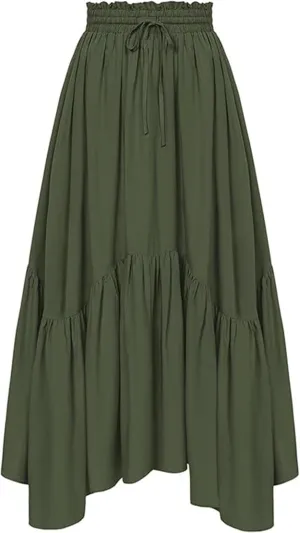 lcziwo Renaissance Maxi Skirt for Women Ruffle Hem Flowy Long Skirts Elastic High Waist Casual Boho Pleated Skirt