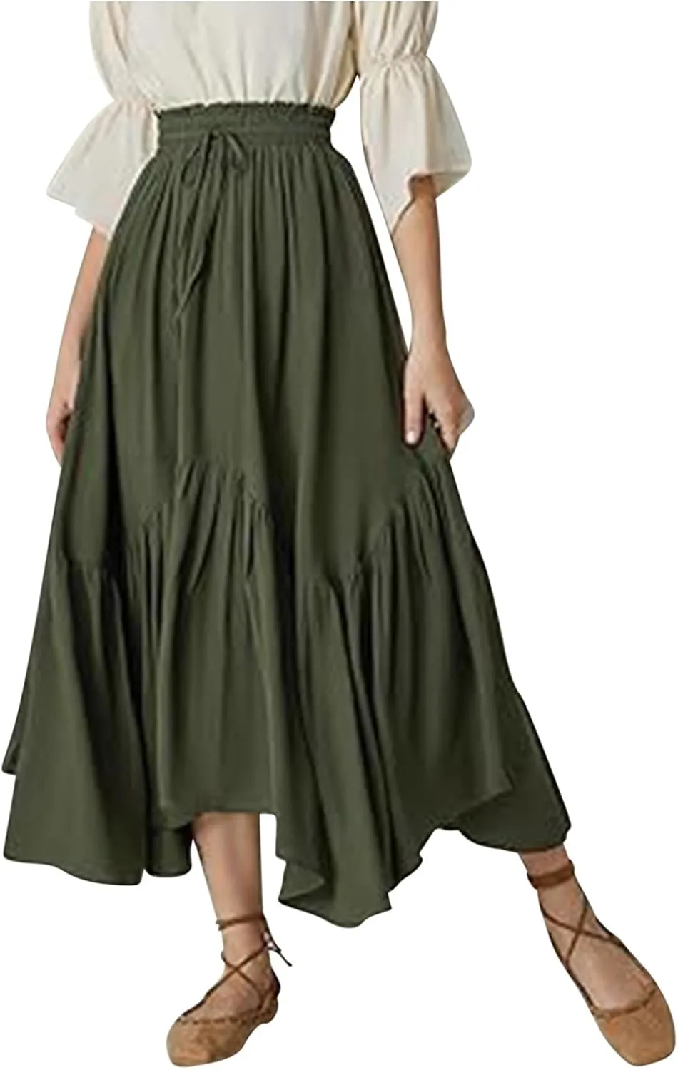 lcziwo Renaissance Maxi Skirt for Women Ruffle Hem Flowy Long Skirts Elastic High Waist Casual Boho Pleated Skirt