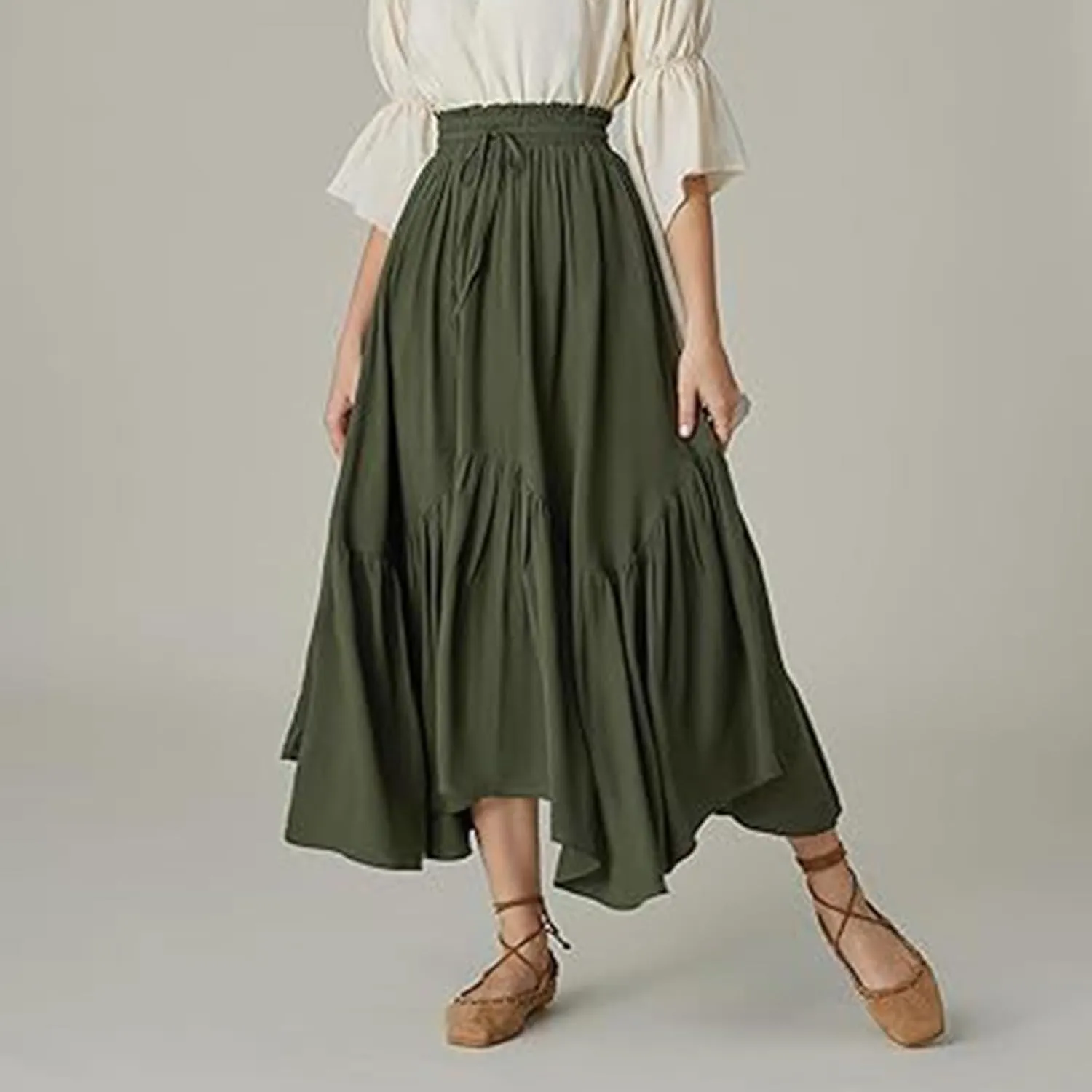 lcziwo Renaissance Maxi Skirt for Women Ruffle Hem Flowy Long Skirts Elastic High Waist Casual Boho Pleated Skirt