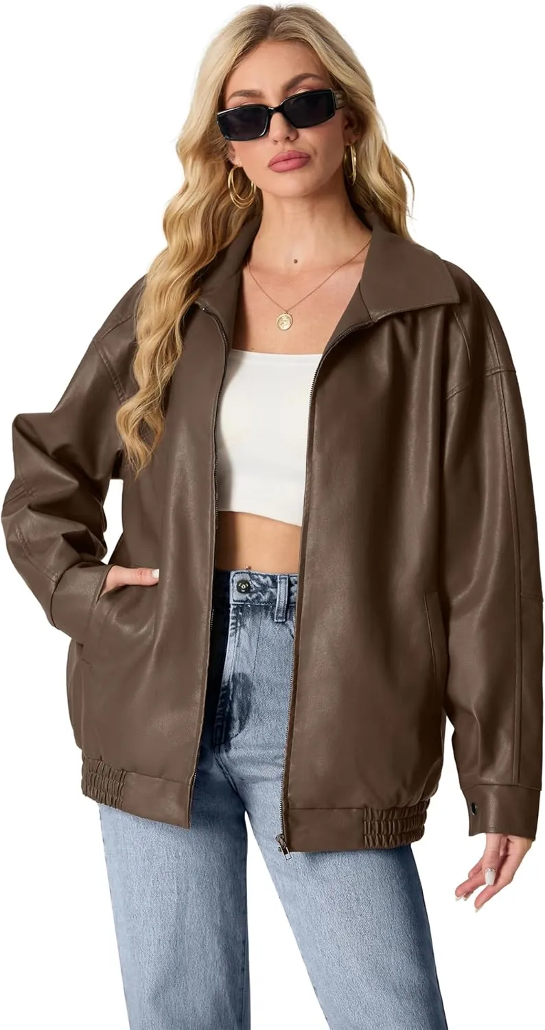 Lepunuo Leather Jacket for Women Oversized Faux Leather Moto Biker Coat Fall Fashion Winter Outfits Y2K Streetwear