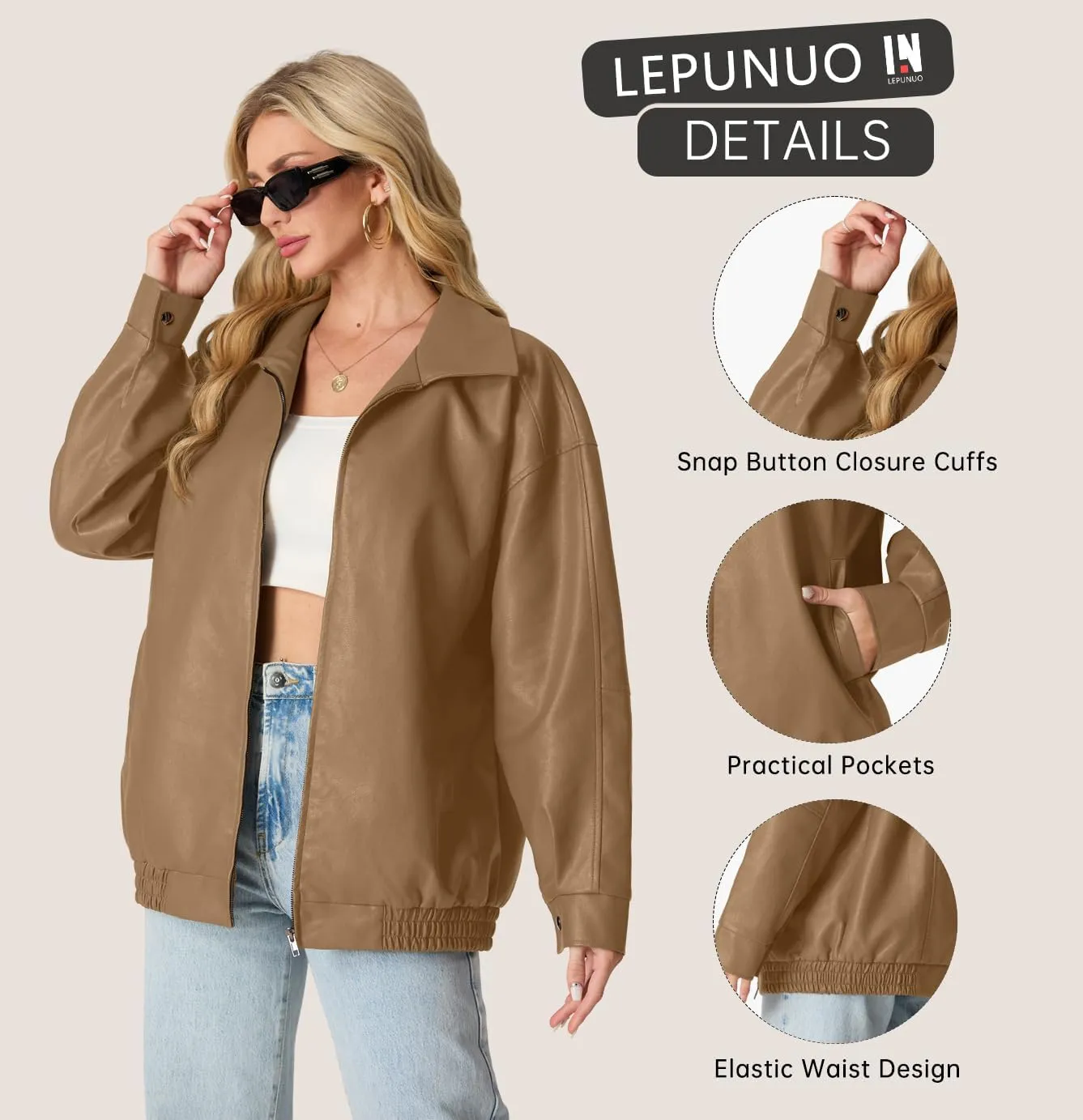 Lepunuo Leather Jacket for Women Oversized Faux Leather Moto Biker Coat Fall Fashion Winter Outfits Y2K Streetwear