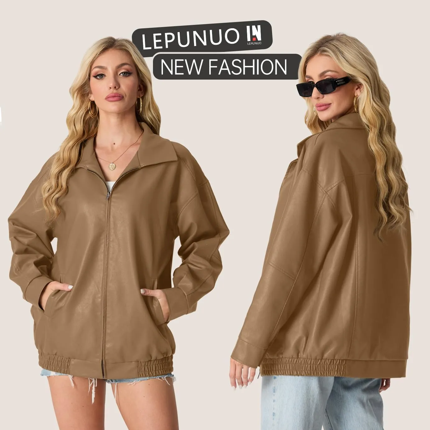 Lepunuo Leather Jacket for Women Oversized Faux Leather Moto Biker Coat Fall Fashion Winter Outfits Y2K Streetwear