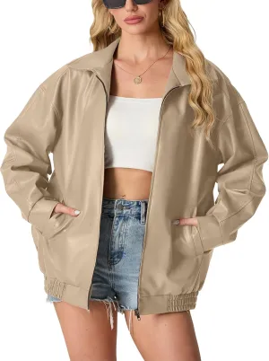 Lepunuo Leather Jacket for Women Oversized Faux Leather Moto Biker Coat Fall Fashion Winter Outfits Y2K Streetwear
