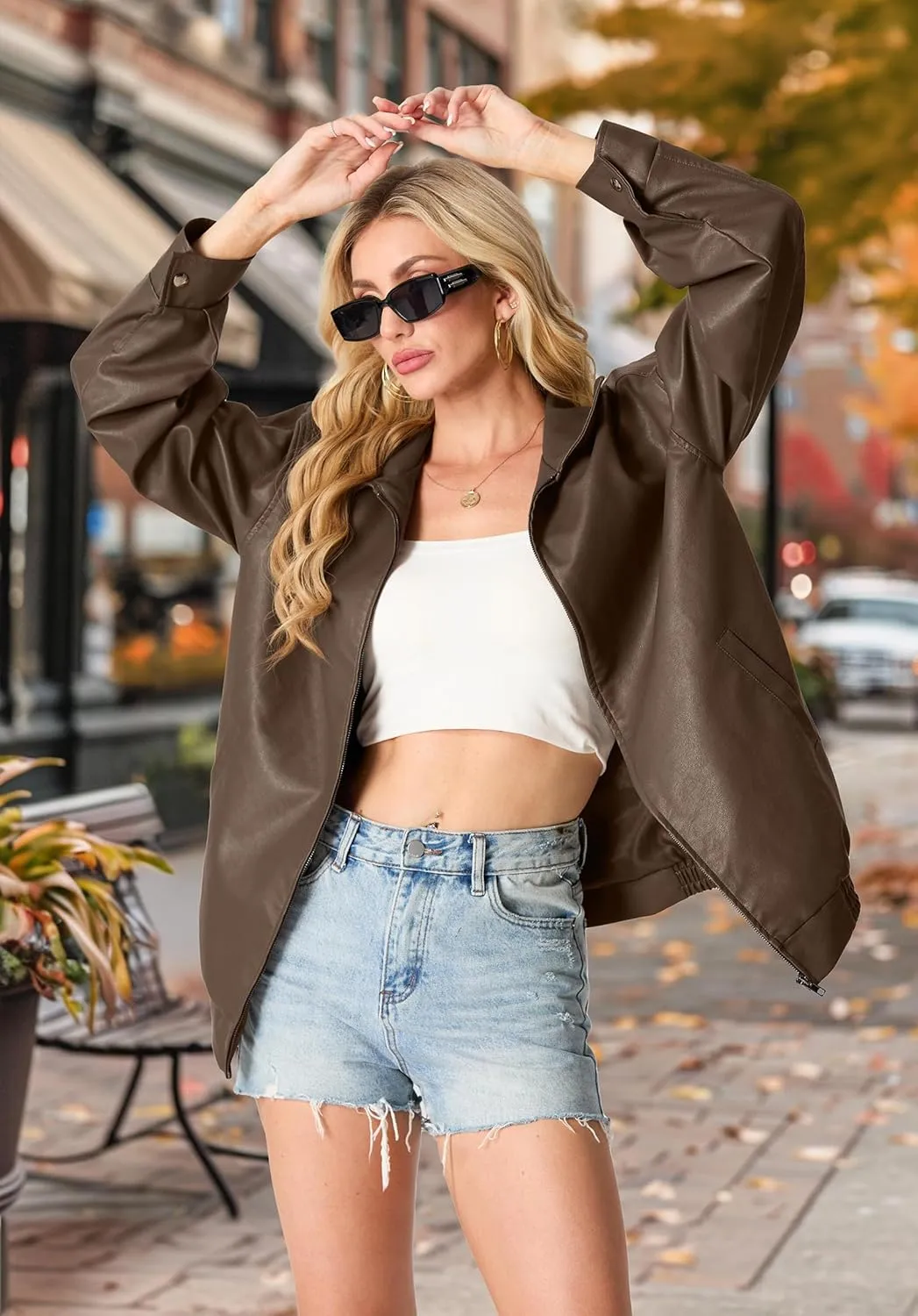 Lepunuo Leather Jacket for Women Oversized Faux Leather Moto Biker Coat Fall Fashion Winter Outfits Y2K Streetwear
