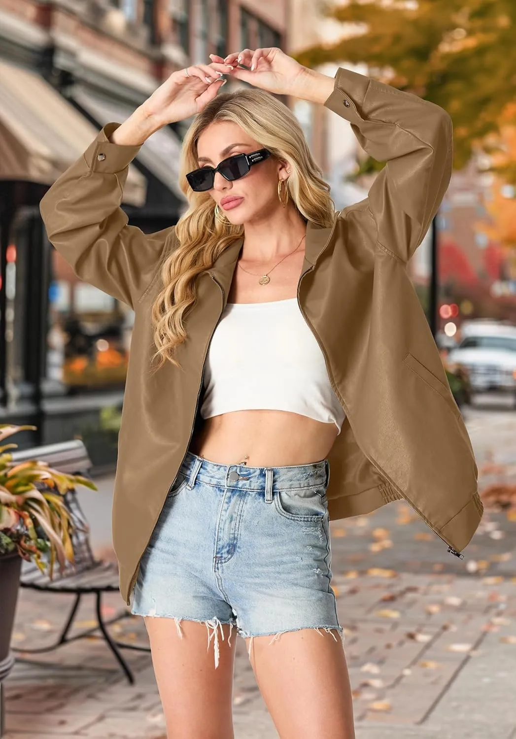 Lepunuo Leather Jacket for Women Oversized Faux Leather Moto Biker Coat Fall Fashion Winter Outfits Y2K Streetwear