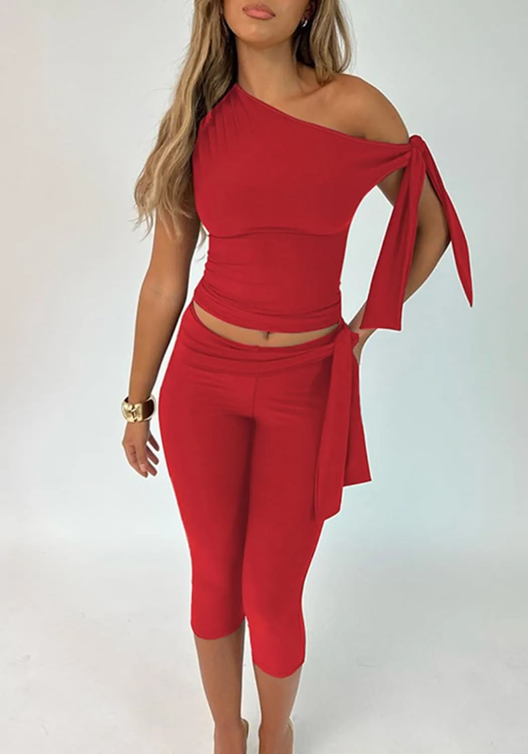 LETSVDO Capri Sets Women 2 Piece Outfits Crop Off The Shoulder Top Legging Capris Shorts Set Sexy Y2k Club Outfits