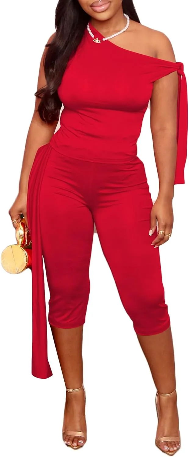 LETSVDO Capri Sets Women 2 Piece Outfits Crop Off The Shoulder Top Legging Capris Shorts Set Sexy Y2k Club Outfits