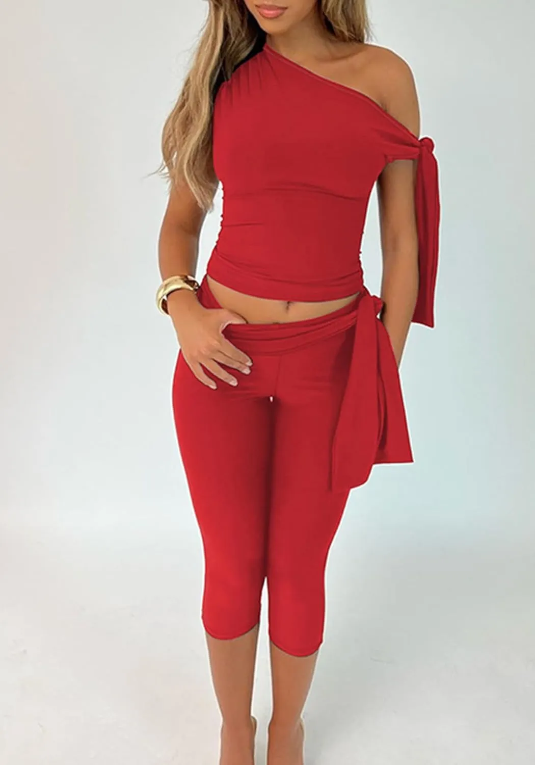 LETSVDO Capri Sets Women 2 Piece Outfits Crop Off The Shoulder Top Legging Capris Shorts Set Sexy Y2k Club Outfits