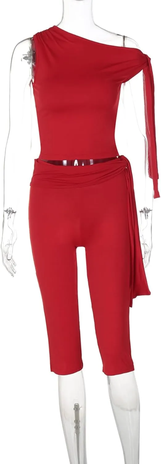 LETSVDO Capri Sets Women 2 Piece Outfits Crop Off The Shoulder Top Legging Capris Shorts Set Sexy Y2k Club Outfits