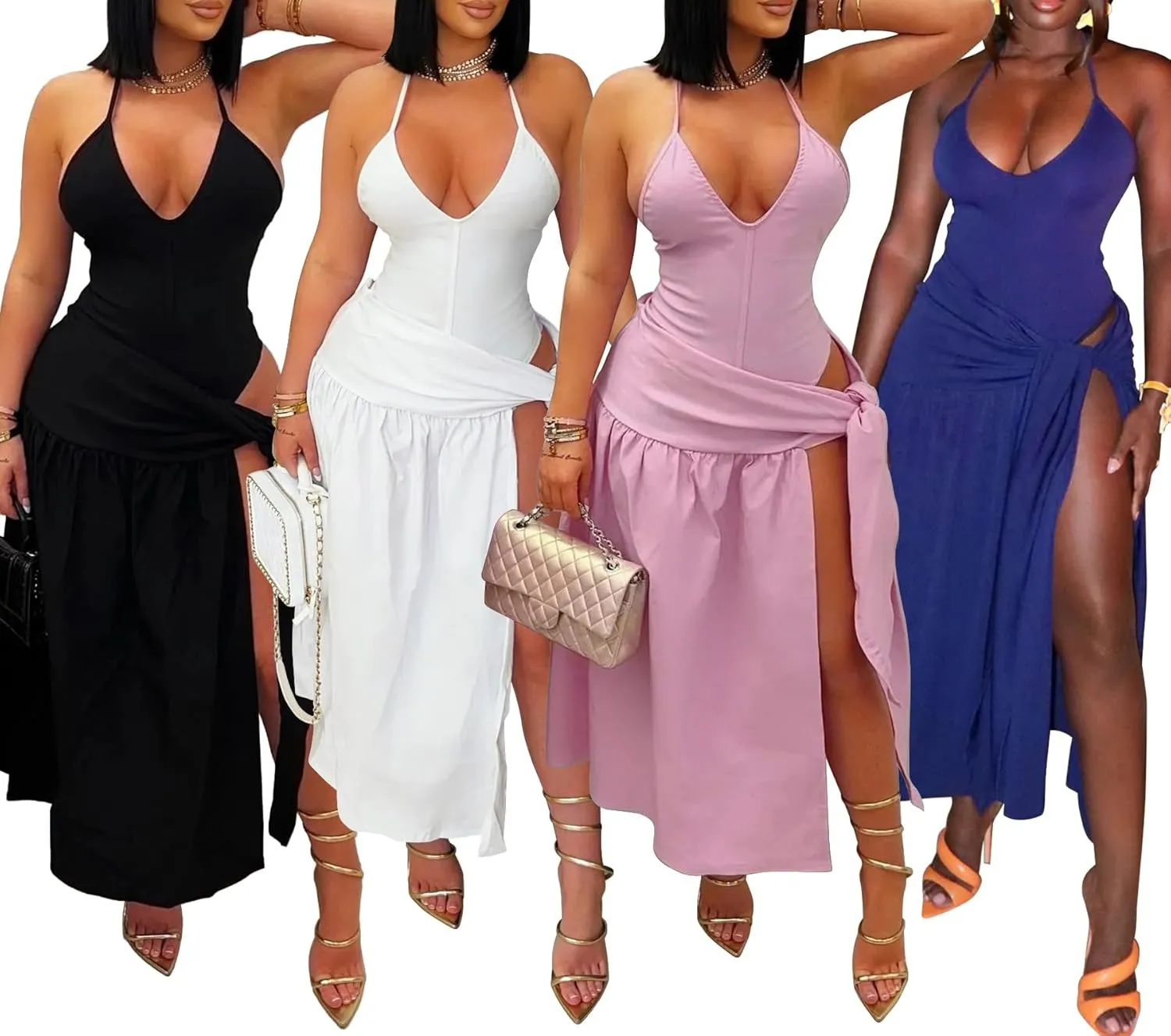 LETSVDO Womens 2 Piece Skirt Sets Sexy Backless Halter Bodysuit Slit Wrap Maxi Skirt Cover Up Set Beach Vacation Outfits