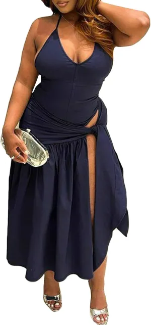 LETSVDO Womens 2 Piece Skirt Sets Sexy Backless Halter Bodysuit Slit Wrap Maxi Skirt Cover Up Set Beach Vacation Outfits