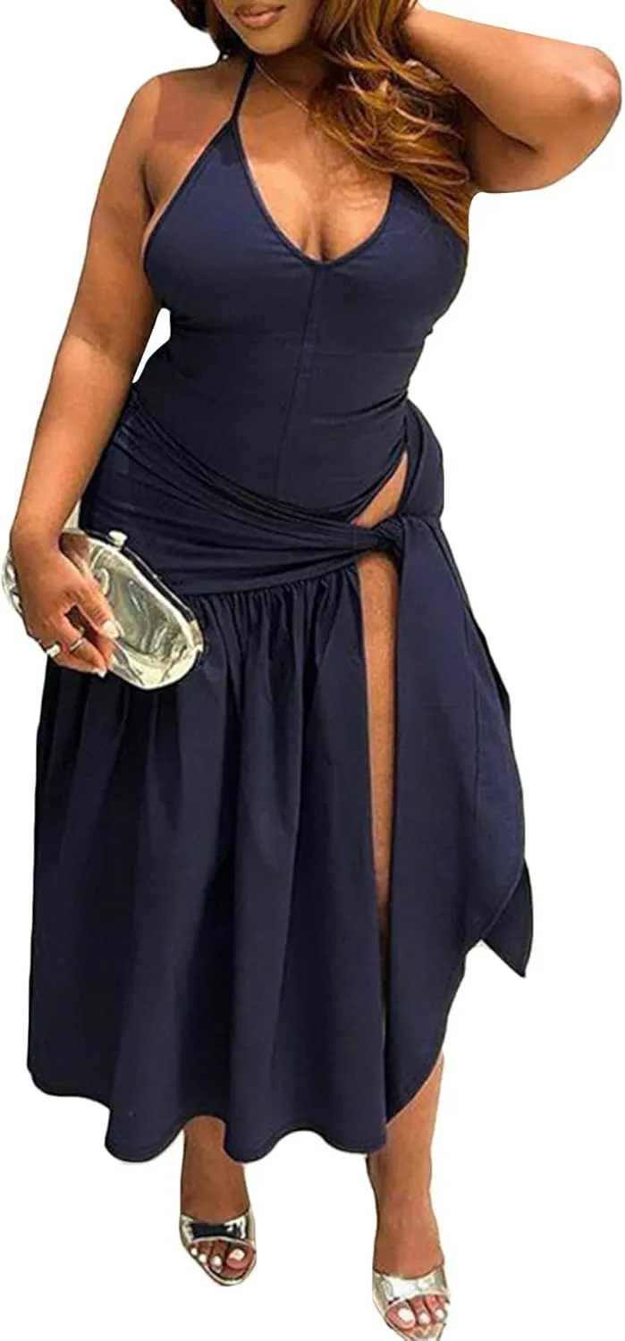 LETSVDO Womens 2 Piece Skirt Sets Sexy Backless Halter Bodysuit Slit Wrap Maxi Skirt Cover Up Set Beach Vacation Outfits