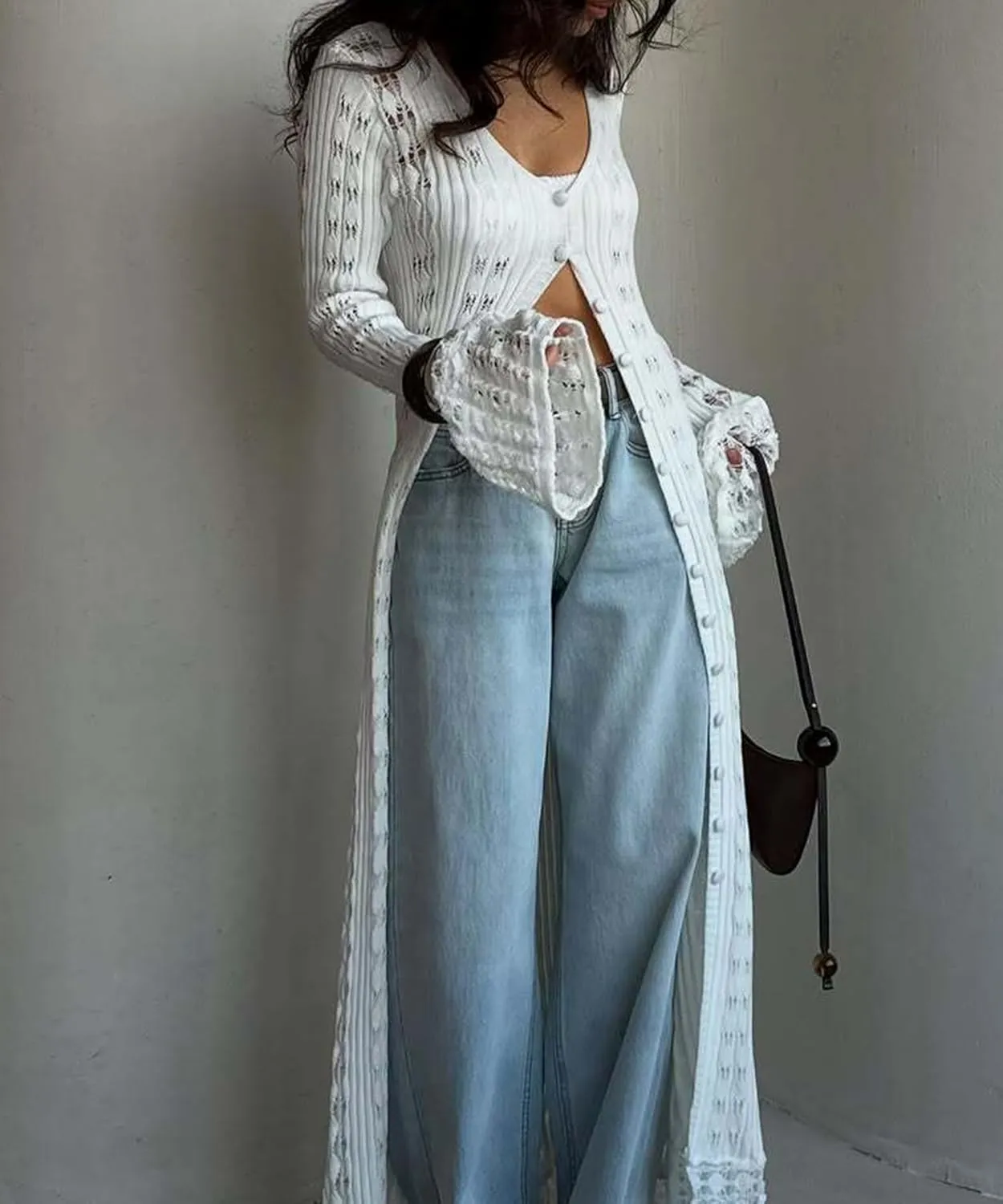 LETSVDO Womens Long Crochet Cardigan Bell Sleeve Ruffle Knit Hollow Out Lightweight Duster Sweater Beach Cover up Dress