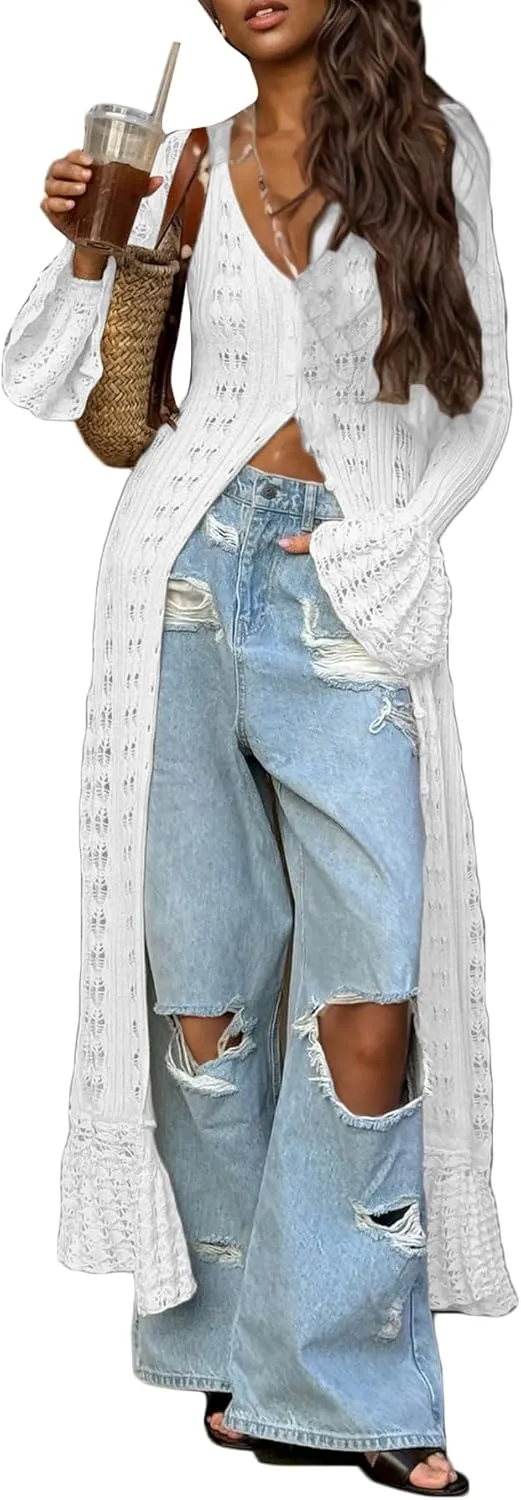 LETSVDO Womens Long Crochet Cardigan Bell Sleeve Ruffle Knit Hollow Out Lightweight Duster Sweater Beach Cover up Dress
