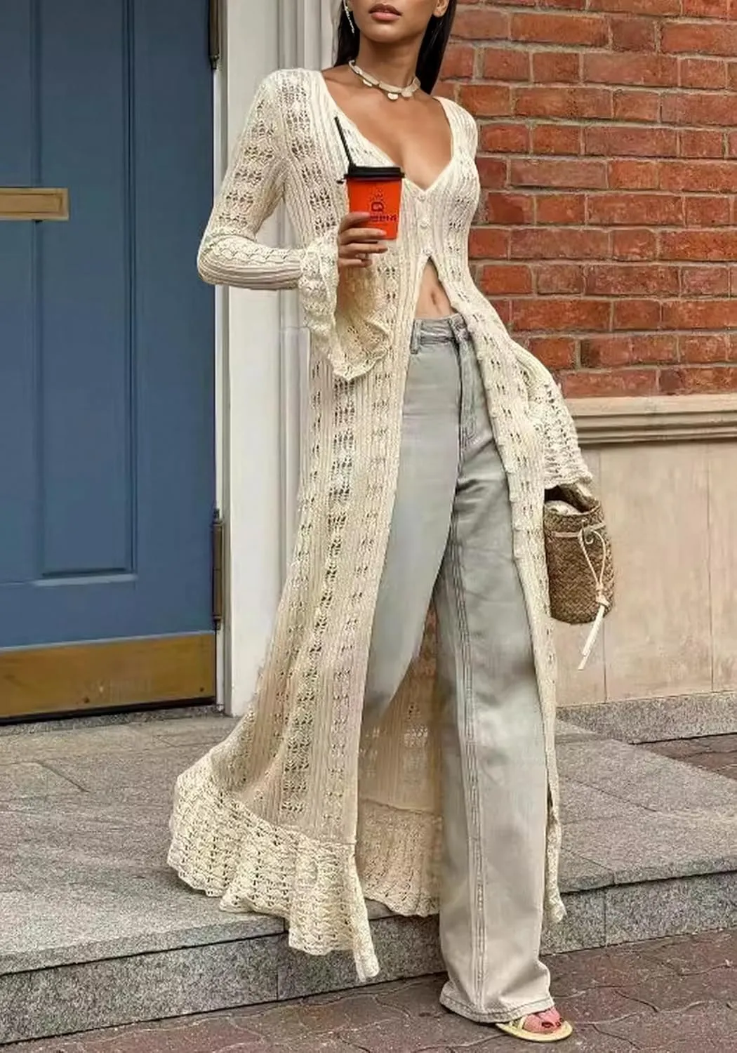 LETSVDO Womens Long Crochet Cardigan Bell Sleeve Ruffle Knit Hollow Out Lightweight Duster Sweater Beach Cover up Dress