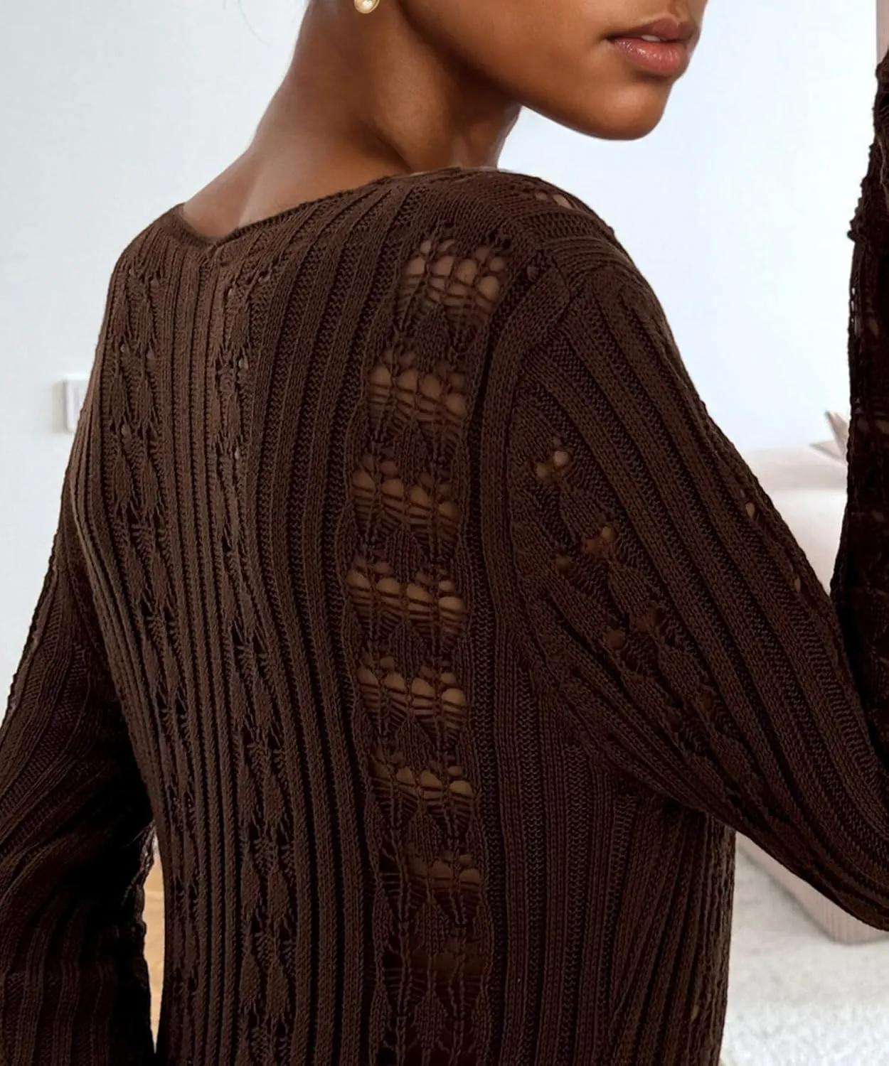 LETSVDO Womens Long Crochet Cardigan Bell Sleeve Ruffle Knit Hollow Out Lightweight Duster Sweater Beach Cover up Dress