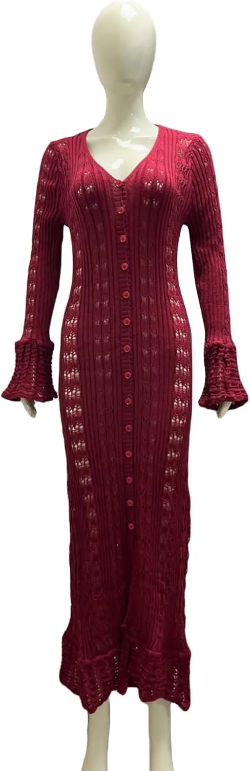 LETSVDO Womens Long Crochet Cardigan Bell Sleeve Ruffle Knit Hollow Out Lightweight Duster Sweater Beach Cover up Dress