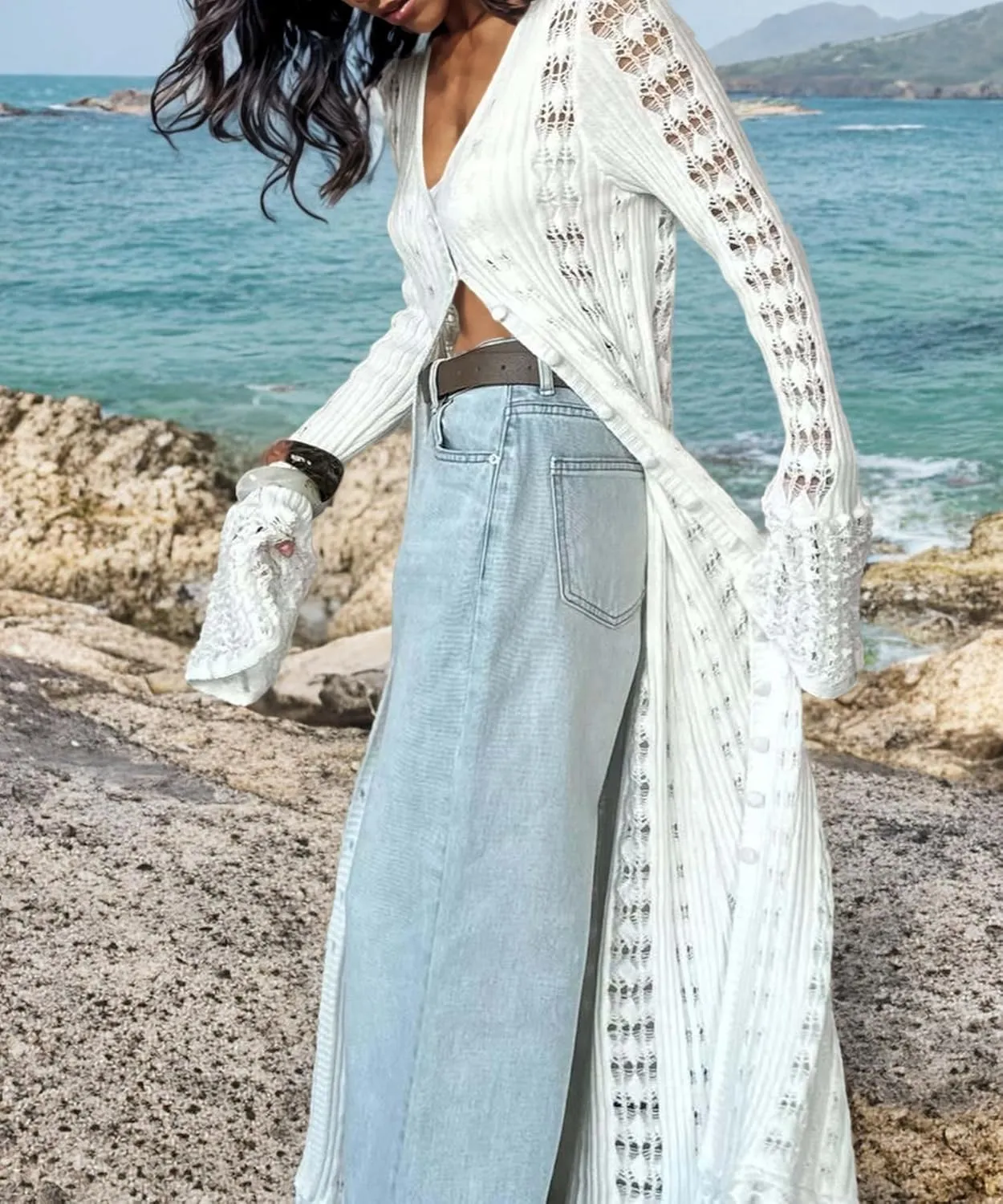 LETSVDO Womens Long Crochet Cardigan Bell Sleeve Ruffle Knit Hollow Out Lightweight Duster Sweater Beach Cover up Dress