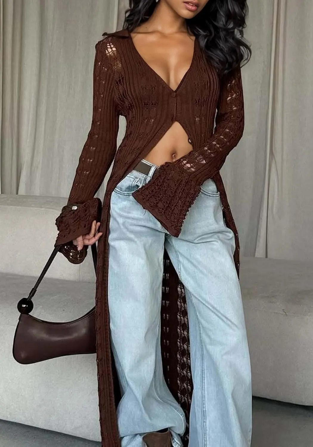 LETSVDO Womens Long Crochet Cardigan Bell Sleeve Ruffle Knit Hollow Out Lightweight Duster Sweater Beach Cover up Dress