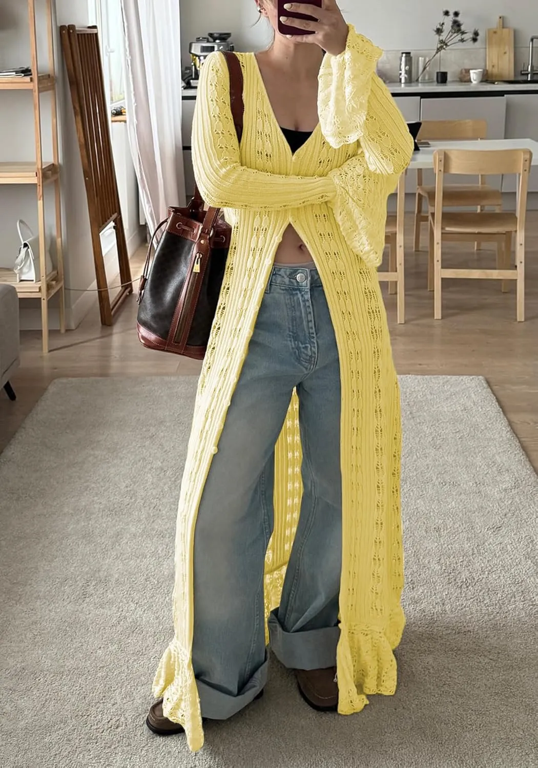 LETSVDO Womens Long Crochet Cardigan Bell Sleeve Ruffle Knit Hollow Out Lightweight Duster Sweater Beach Cover up Dress