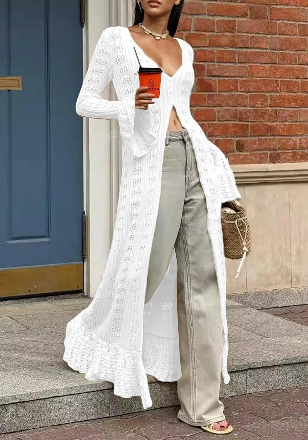 LETSVDO Womens Long Crochet Cardigan Bell Sleeve Ruffle Knit Hollow Out Lightweight Duster Sweater Beach Cover up Dress