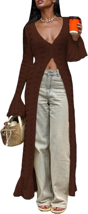 LETSVDO Womens Long Crochet Cardigan Bell Sleeve Ruffle Knit Hollow Out Lightweight Duster Sweater Beach Cover up Dress