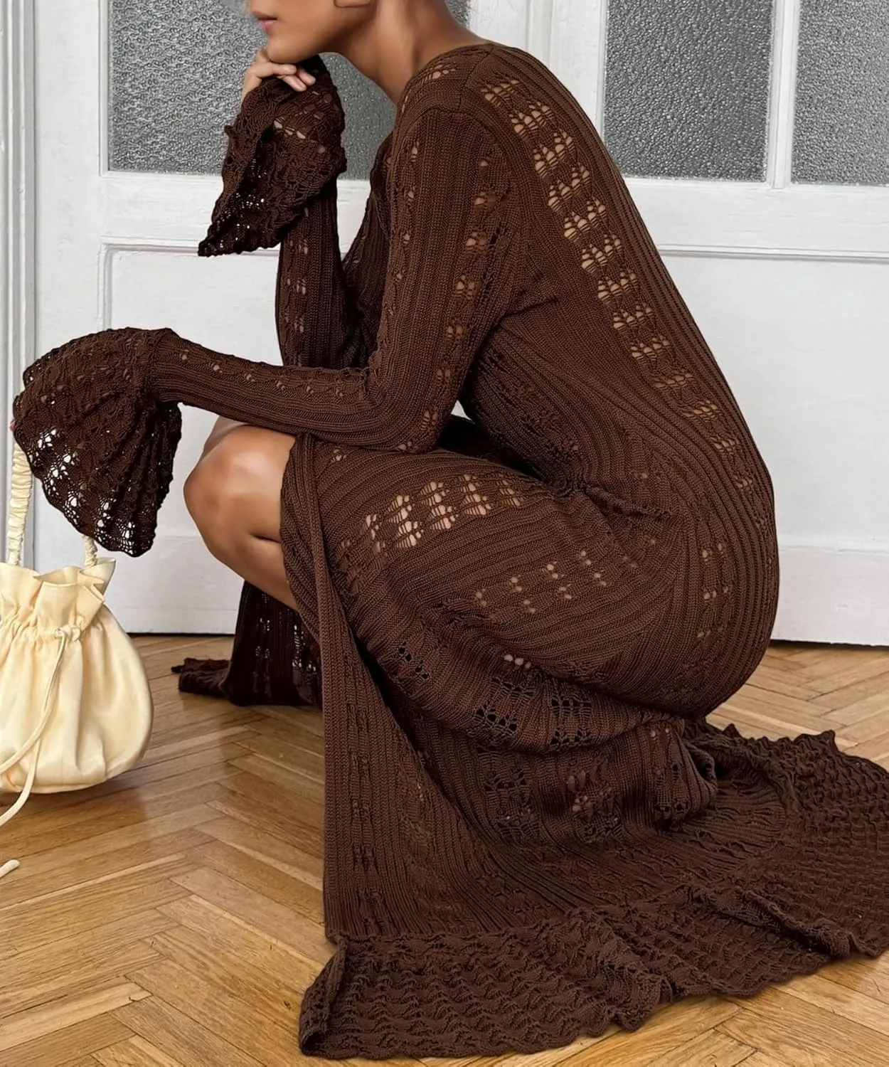 LETSVDO Womens Long Crochet Cardigan Bell Sleeve Ruffle Knit Hollow Out Lightweight Duster Sweater Beach Cover up Dress