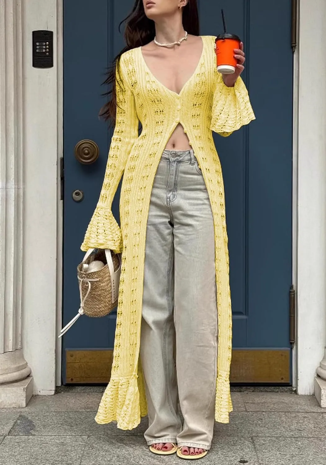 LETSVDO Womens Long Crochet Cardigan Bell Sleeve Ruffle Knit Hollow Out Lightweight Duster Sweater Beach Cover up Dress