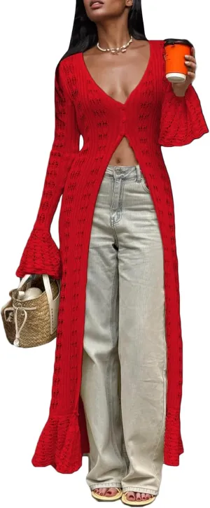 LETSVDO Womens Long Crochet Cardigan Bell Sleeve Ruffle Knit Hollow Out Lightweight Duster Sweater Beach Cover up Dress