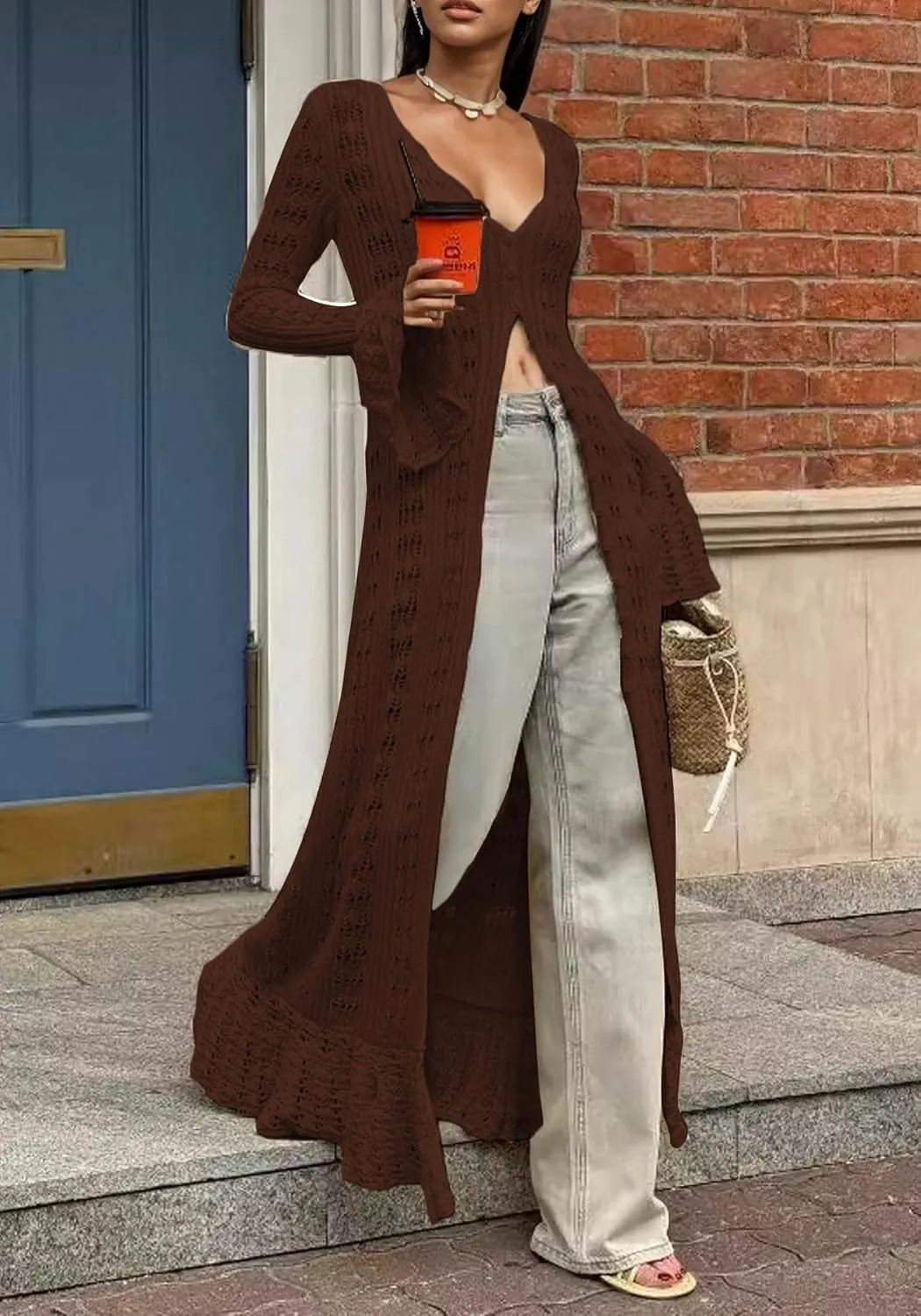 LETSVDO Womens Long Crochet Cardigan Bell Sleeve Ruffle Knit Hollow Out Lightweight Duster Sweater Beach Cover up Dress