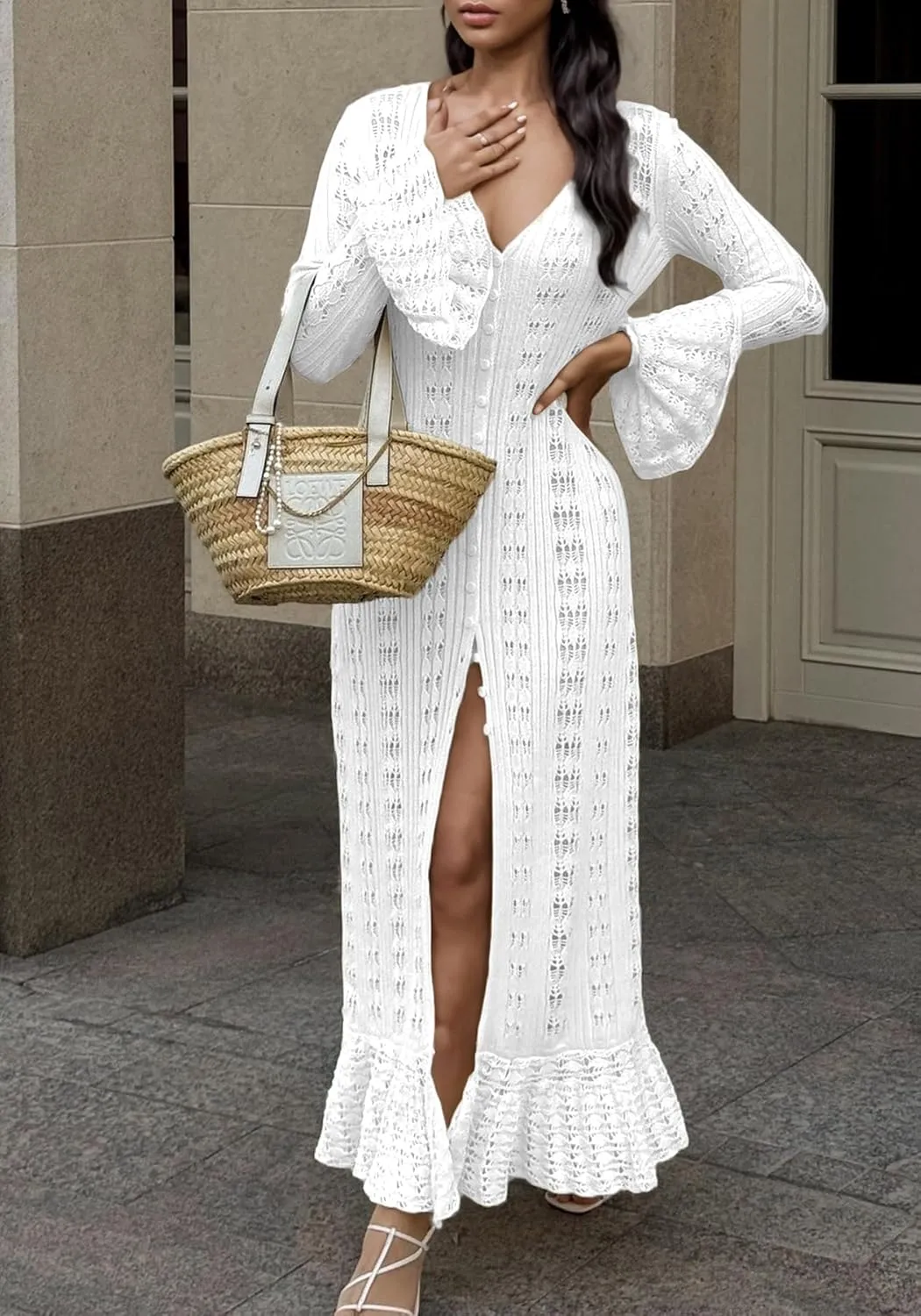 LETSVDO Womens Long Crochet Cardigan Bell Sleeve Ruffle Knit Hollow Out Lightweight Duster Sweater Beach Cover up Dress