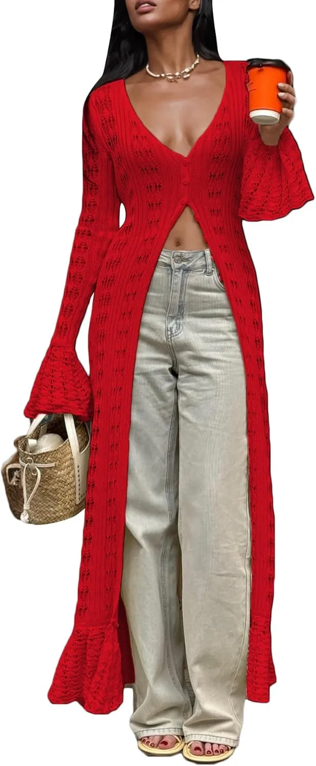 LETSVDO Womens Long Crochet Cardigan Bell Sleeve Ruffle Knit Hollow Out Lightweight Duster Sweater Beach Cover up Dress