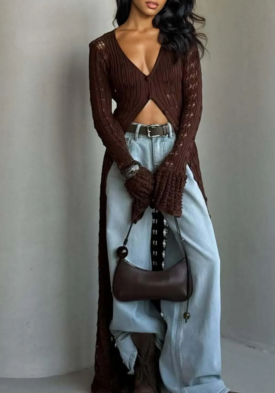 LETSVDO Womens Long Crochet Cardigan Bell Sleeve Ruffle Knit Hollow Out Lightweight Duster Sweater Beach Cover up Dress