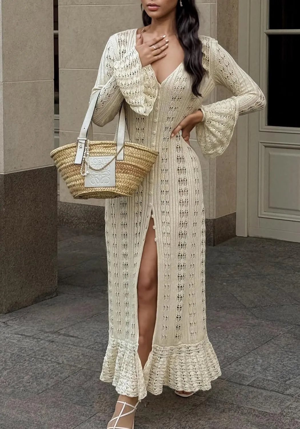 LETSVDO Womens Long Crochet Cardigan Bell Sleeve Ruffle Knit Hollow Out Lightweight Duster Sweater Beach Cover up Dress