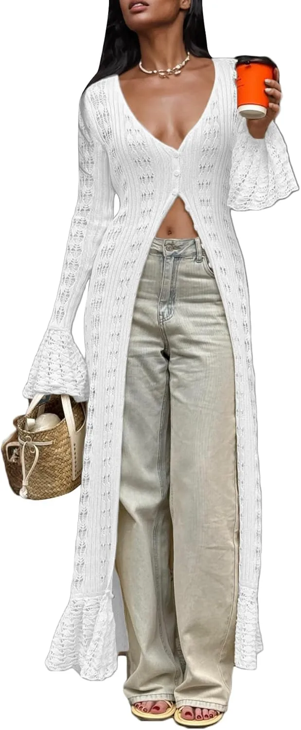 LETSVDO Womens Long Crochet Cardigan Bell Sleeve Ruffle Knit Hollow Out Lightweight Duster Sweater Beach Cover up Dress