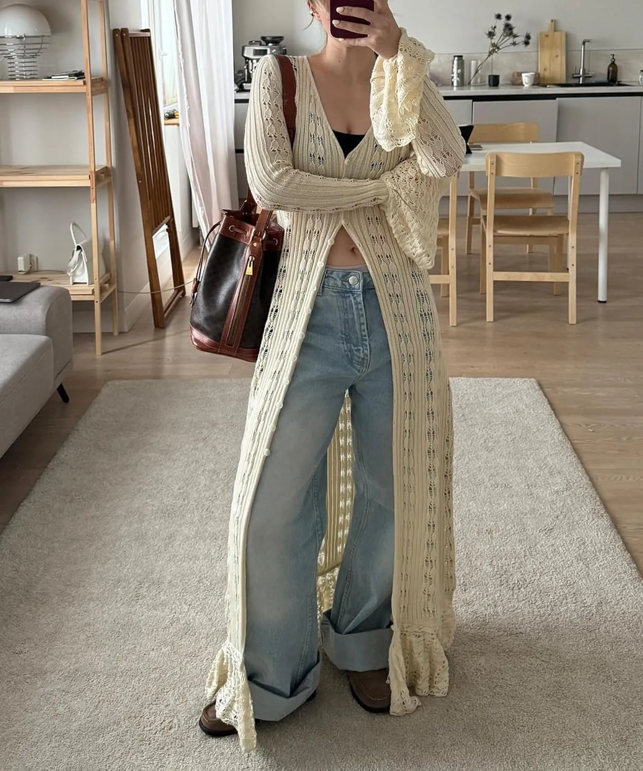 LETSVDO Womens Long Crochet Cardigan Bell Sleeve Ruffle Knit Hollow Out Lightweight Duster Sweater Beach Cover up Dress
